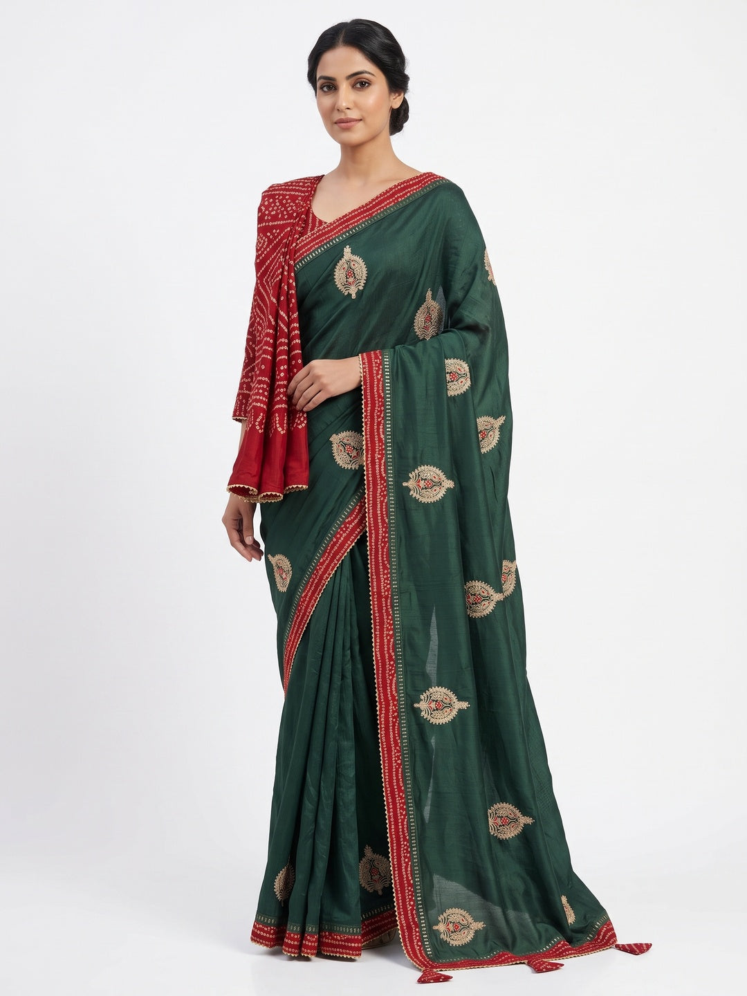 Morpich Green Zari Embroidered Vichitra Silk Saree - Image 1