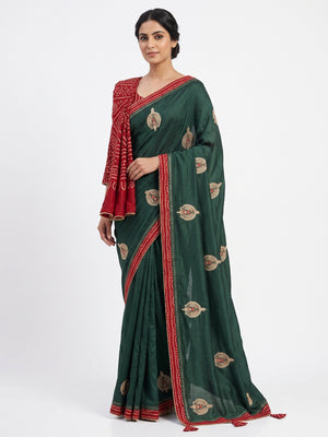 Morpich Green Zari Embroidered Vichitra Silk Saree - Image 1