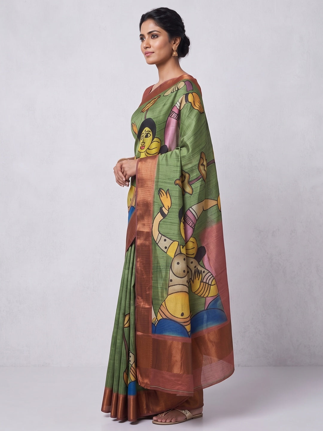 Green Floral Printed Tussar Silk Saree - Image 3