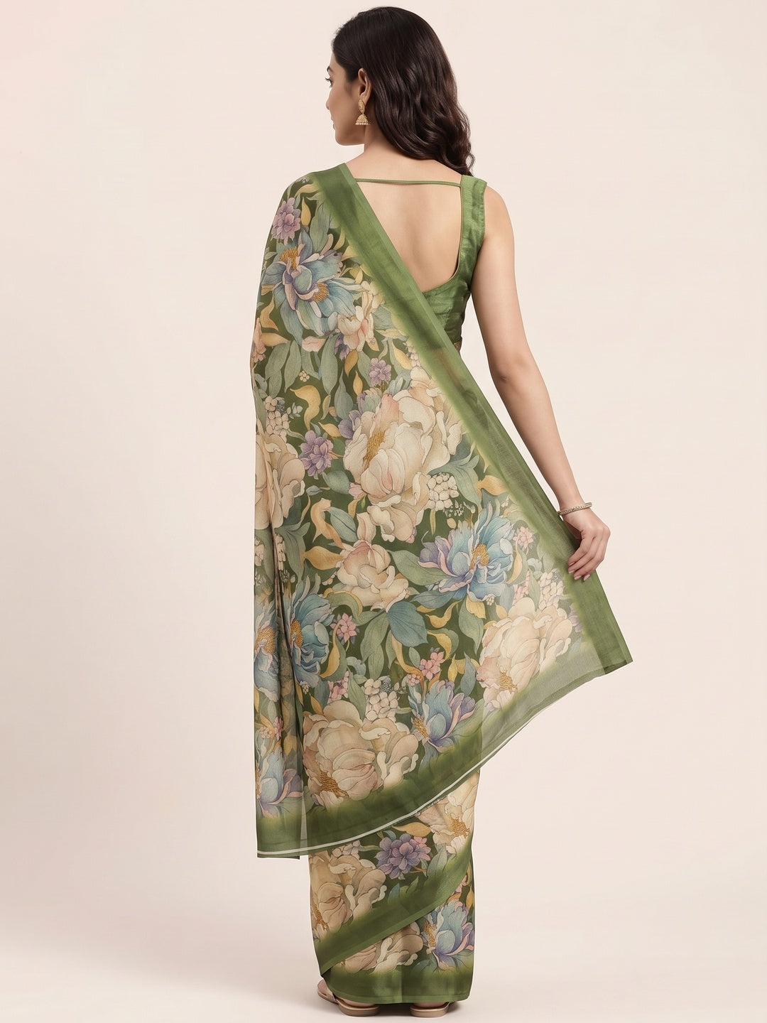 Green Floral Digital Printed Cotton Handloom Silk Saree - Image 2