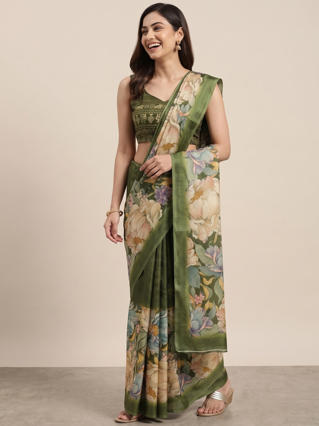 Green Floral Digital Printed Cotton Handloom Silk Saree - Image 3