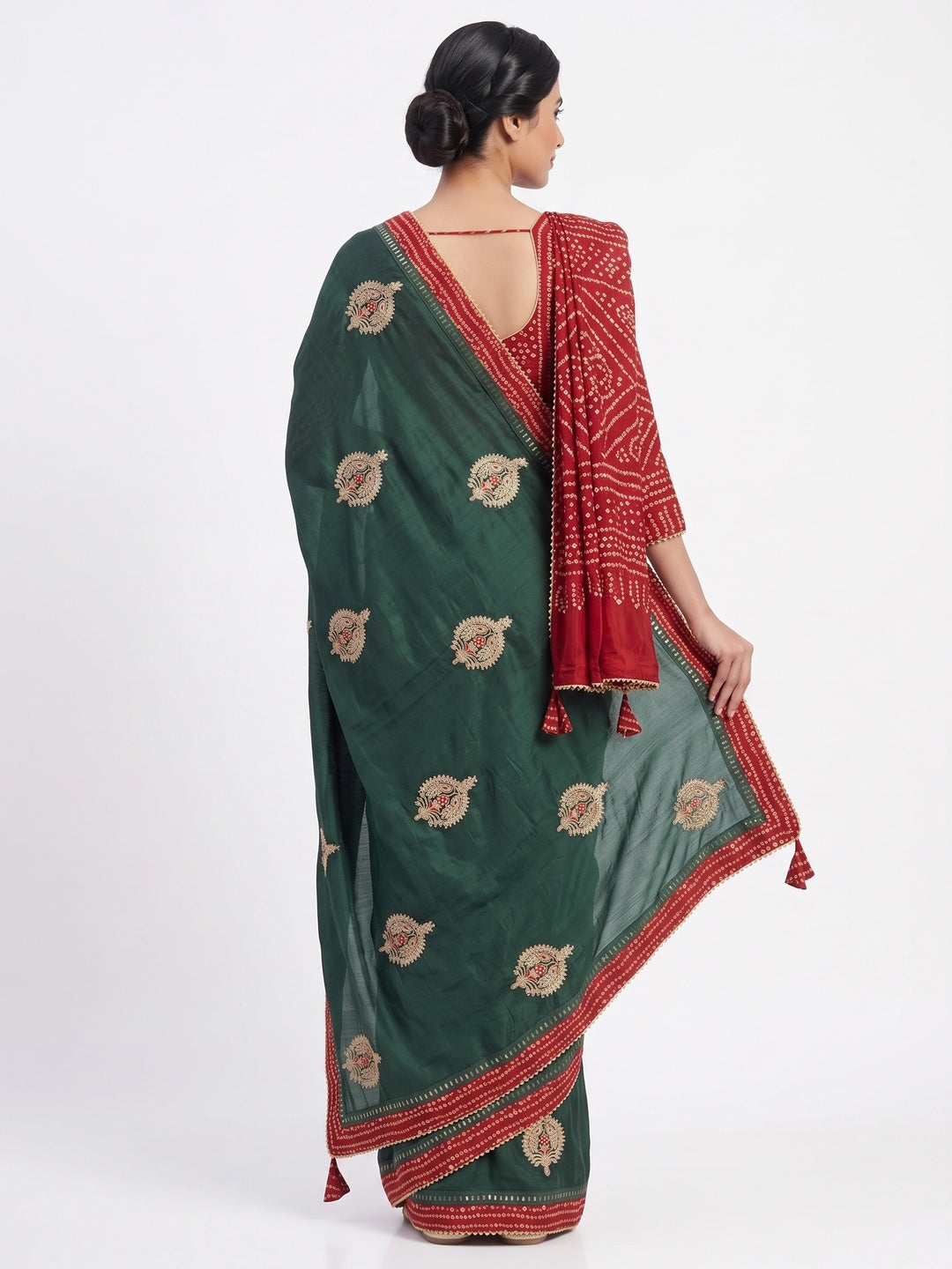 Morpich Green Zari Embroidered Vichitra Silk Saree - Image 2