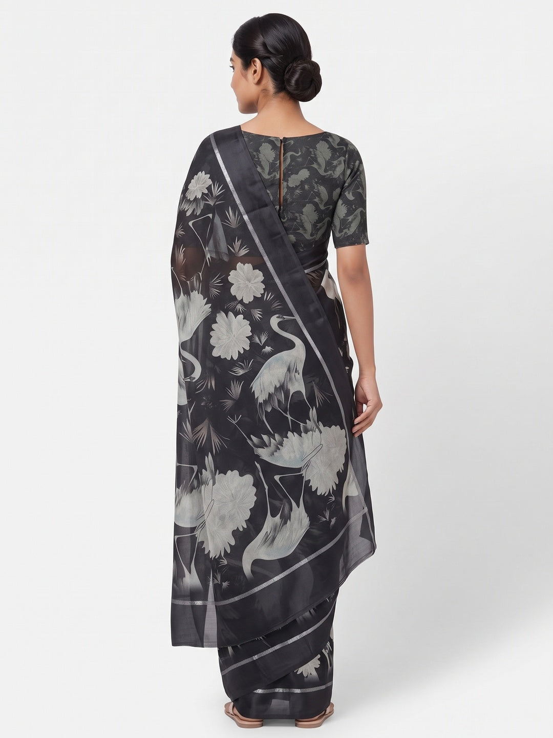 Black Printed Moss Chiffon Saree With Zari Woven Border - Image 2
