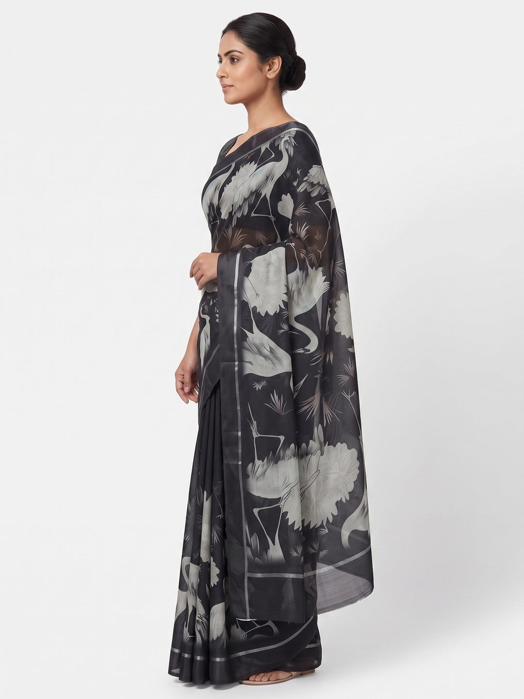 Black Printed Moss Chiffon Saree With Zari Woven Border - Image 3