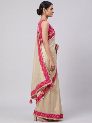 Beige & Pink Moss Chiffon Saree Featuring a Traditional Bandhani Print Border - Image 6
