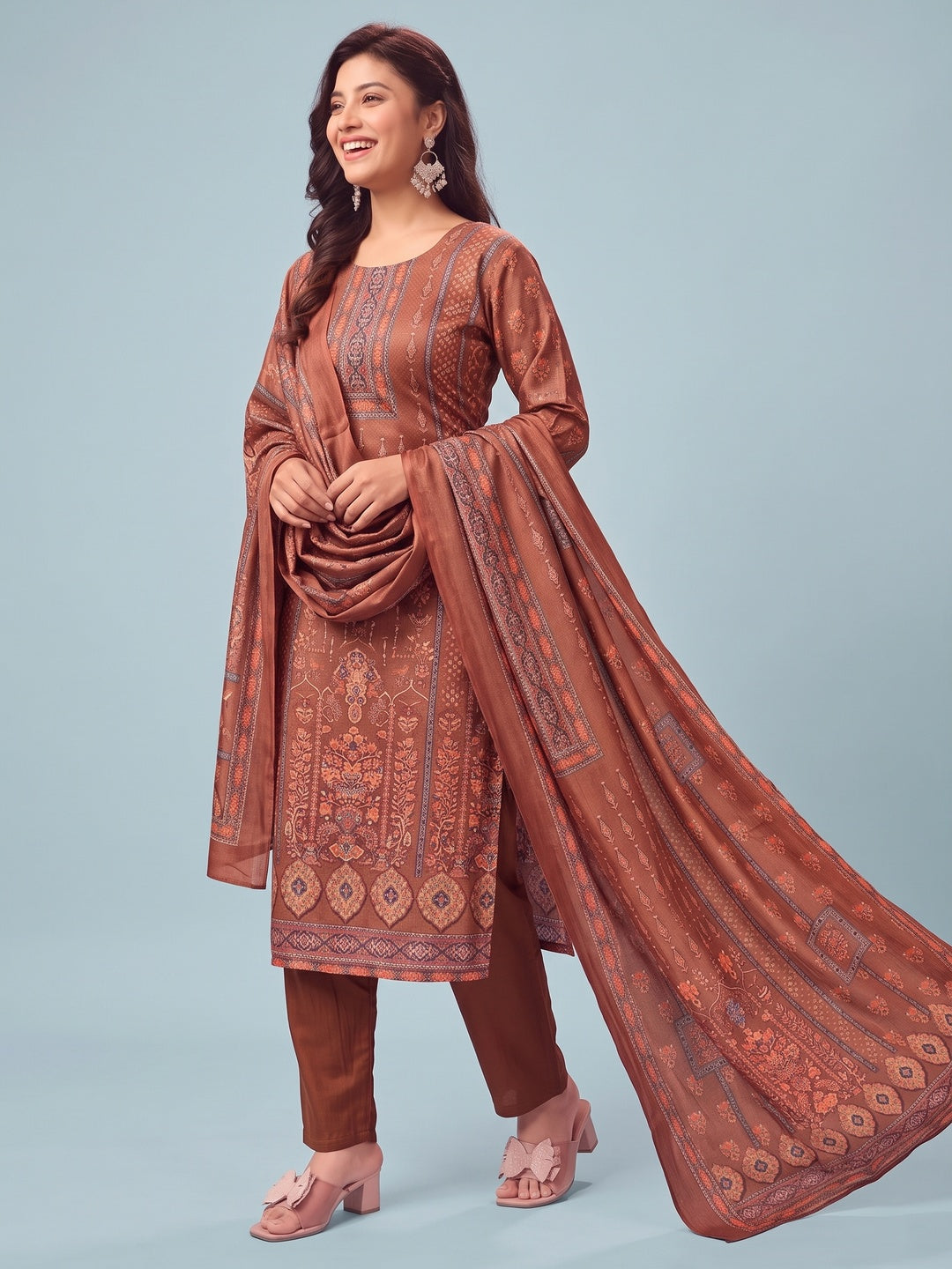 Rust Stylish Floral Printed Pashmina Dress Material for Graceful Winter Outfits - Image 4