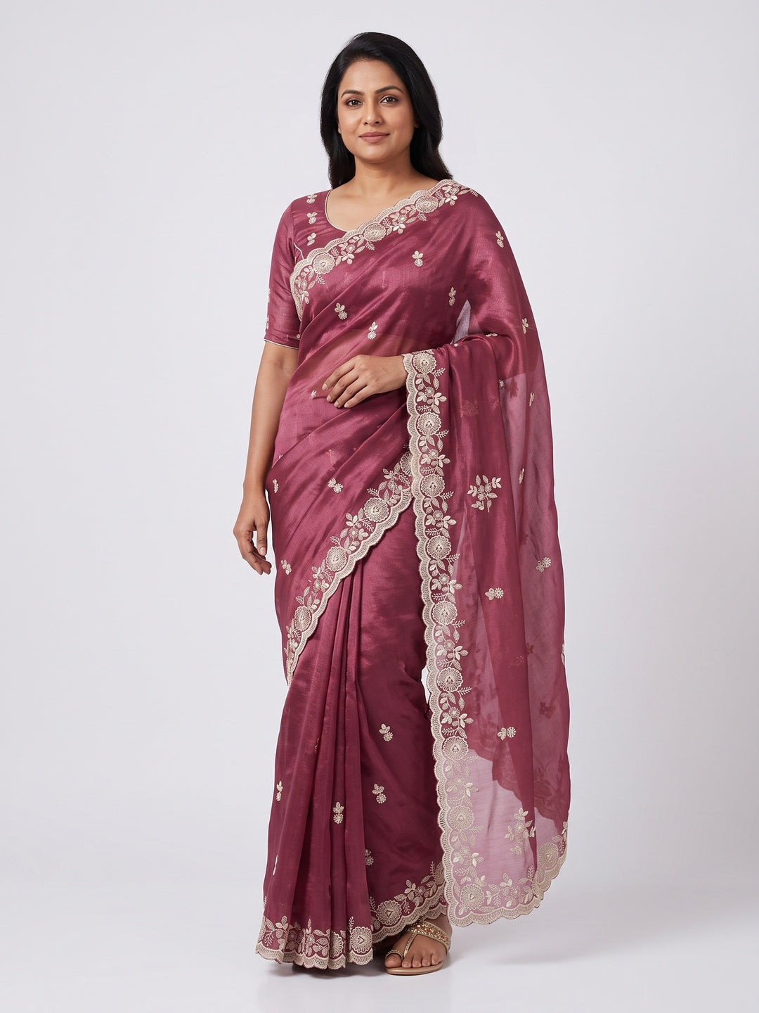 Pink Shimmer Silk Saree with Graceful Floral Embroidery - Image 5