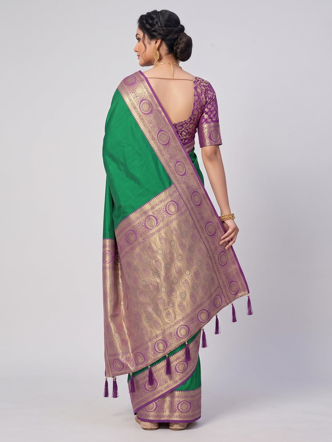 Green Pure Silk Saree with Fine Woven Border and Ready Made Stitched Blouse - Image 3