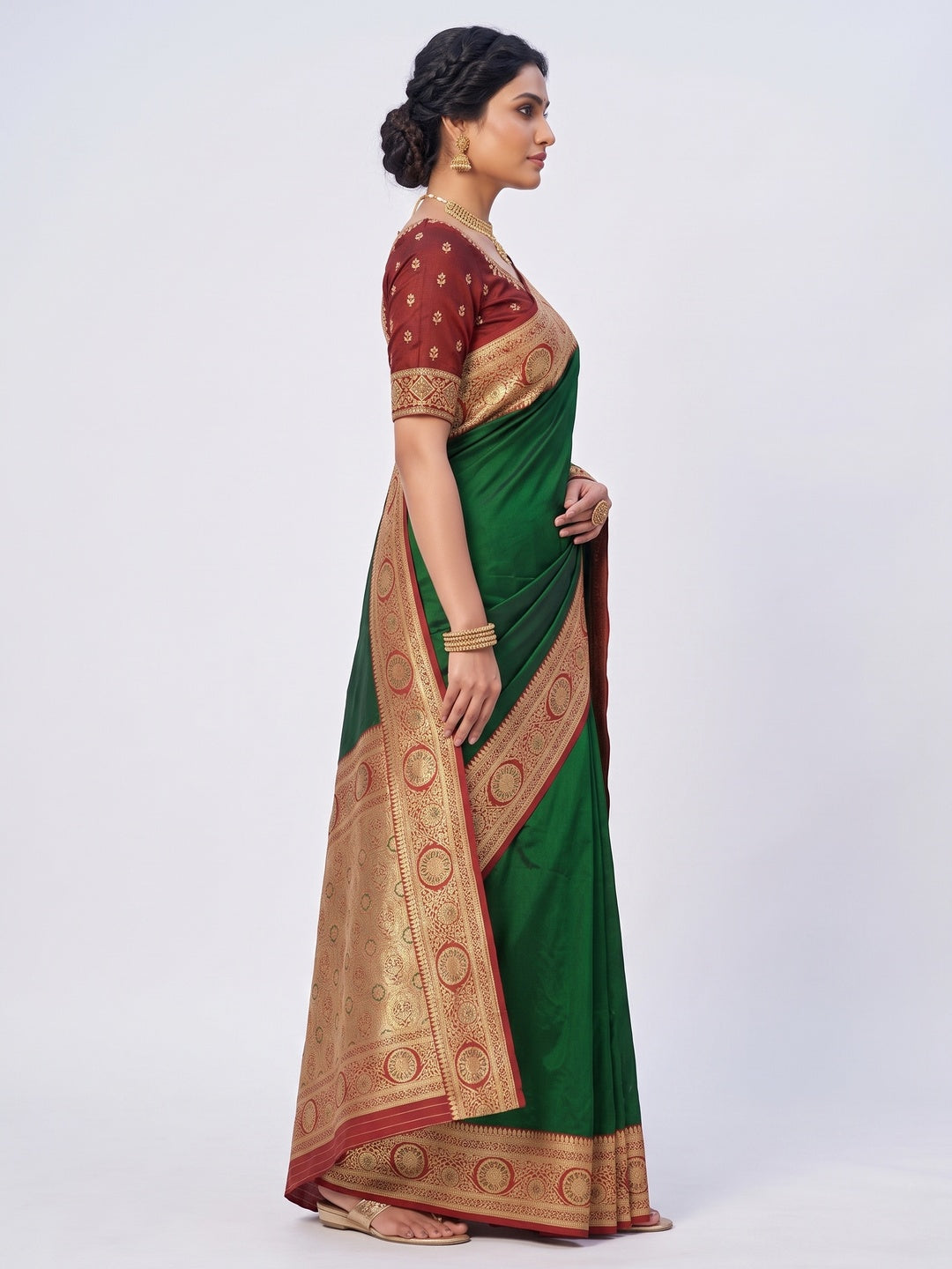 Dark Green Pure Silk Saree with Fine Woven Border and Ready Made Stitched Blouse - Image 3