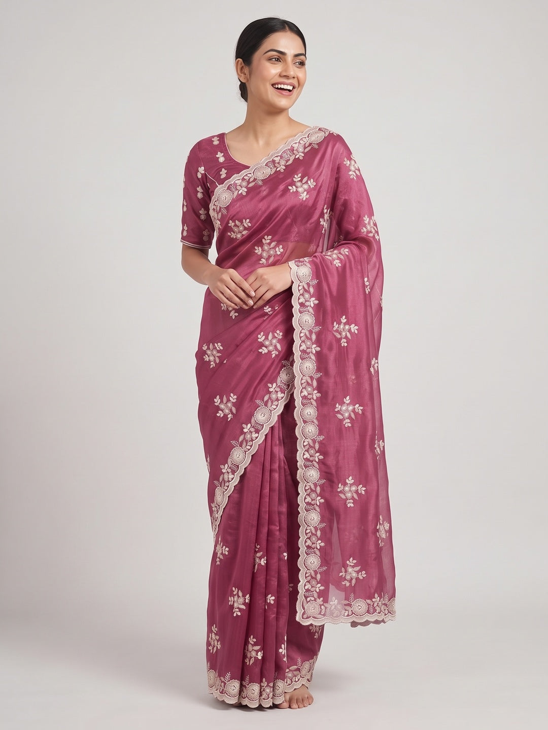 Pink Shimmer Silk Saree with Graceful Floral Embroidery - Image 4