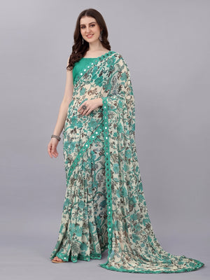 Cream Floral Printed Georgette Saree - Image 1