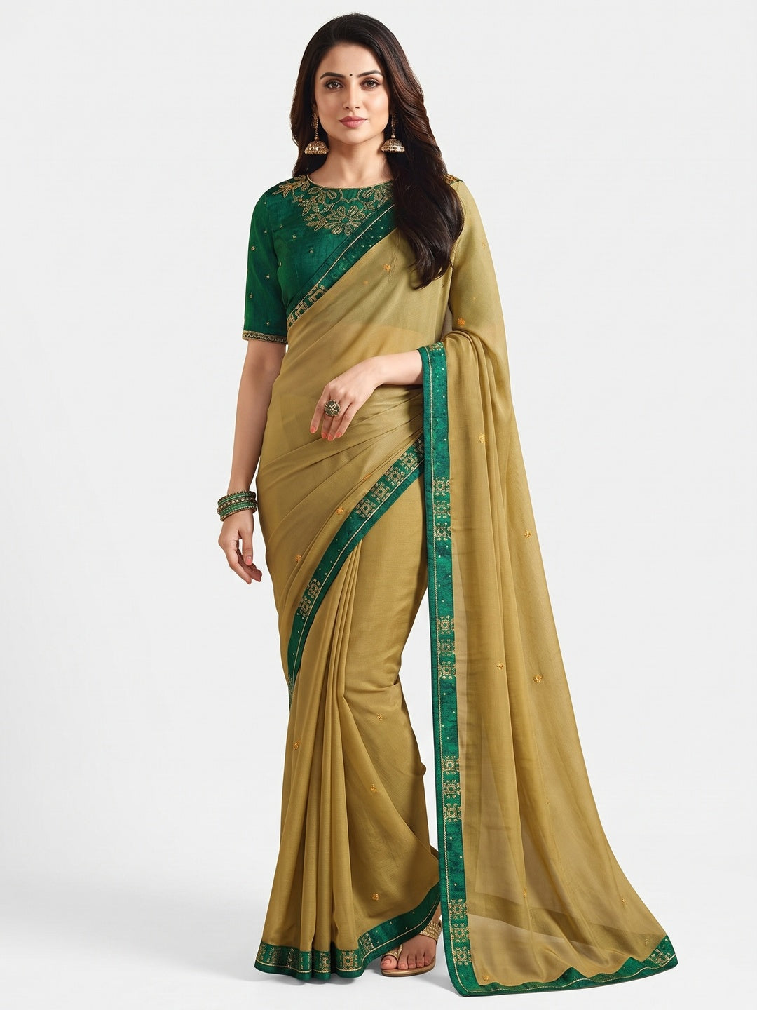 Mustard Swarovski Work Art Silk Saree - Image 2