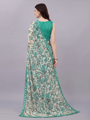 Cream Floral Printed Georgette Saree - Image 2
