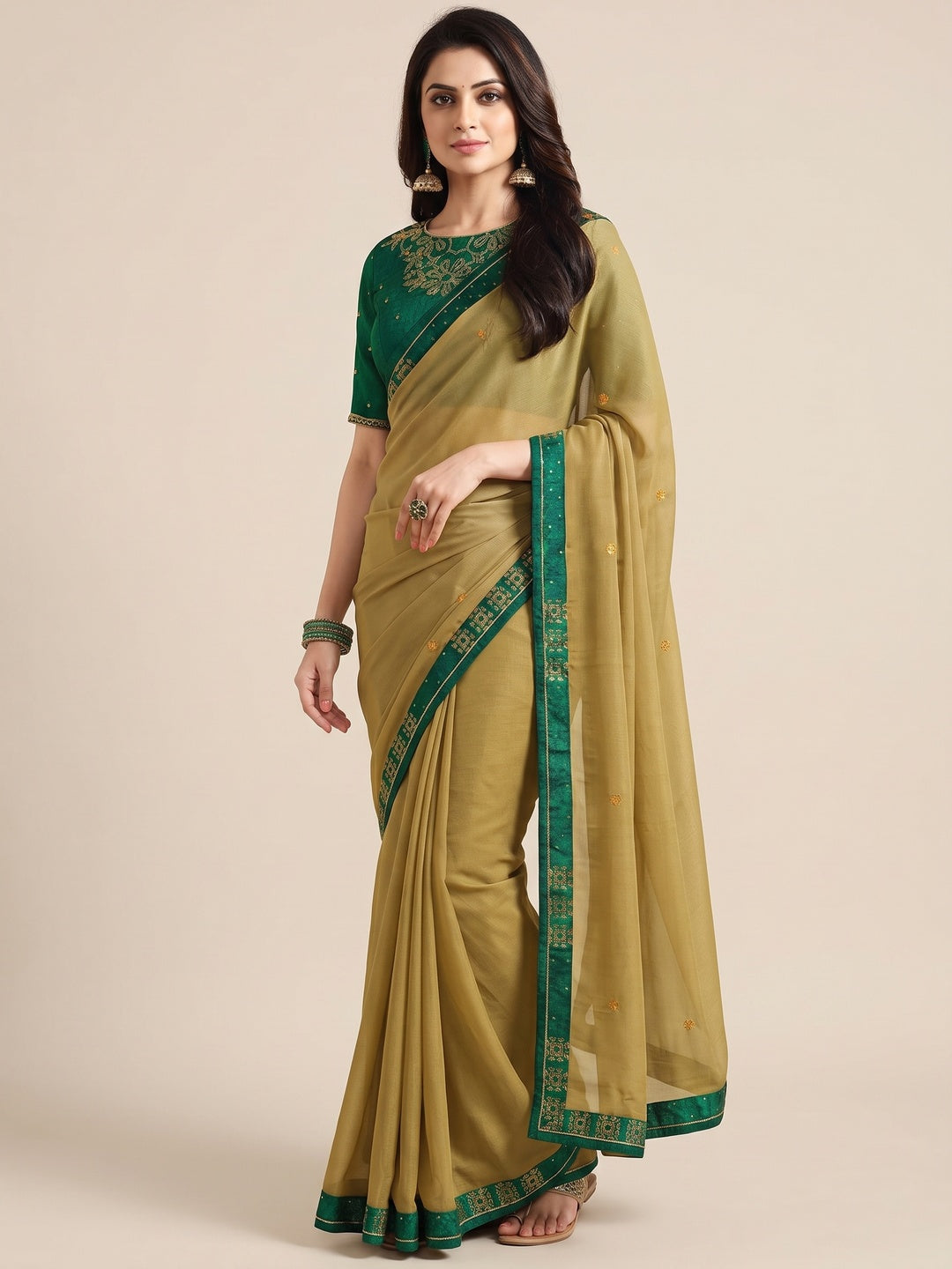 Mustard Swarovski Work Art Silk Saree - Image 1