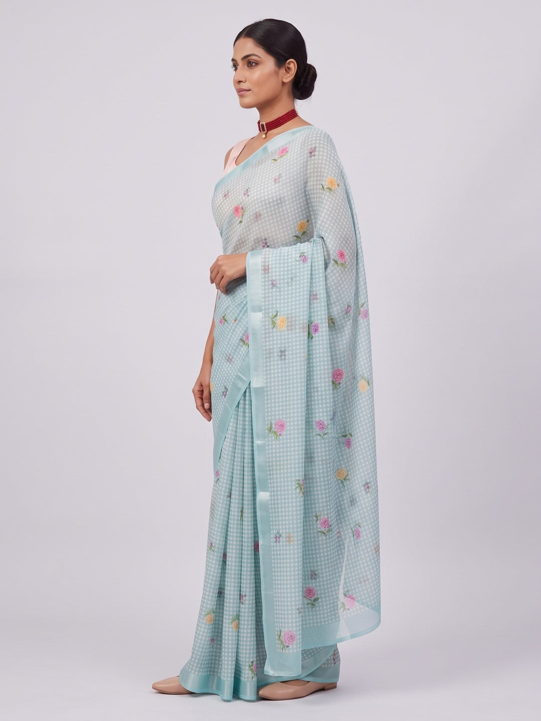 Elegant Sky Blue Floral Digital Printed Georgette Saree With Subtle Detailing - Image 3