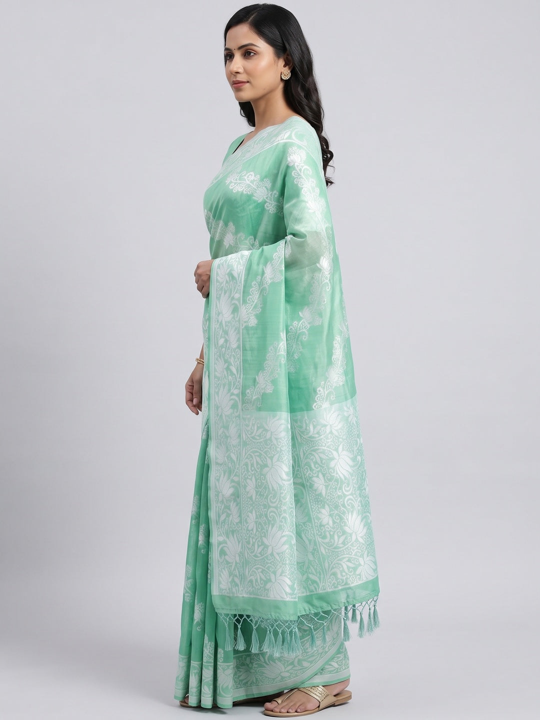 Rama Green Floral Woven Banarasi Silk Saree With Tassels - Image 3