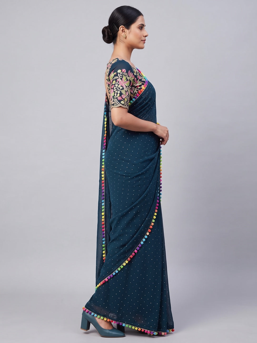 Teal Swarovski Work Embroidered Georgette Saree - Image 3