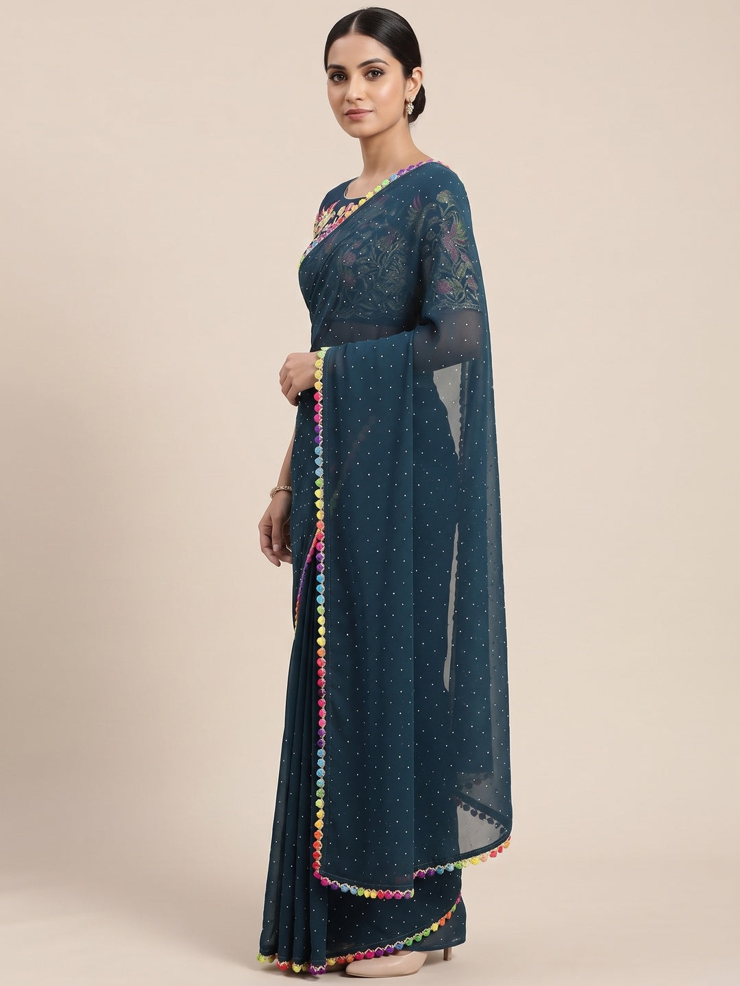 Teal Swarovski Work Embroidered Georgette Saree - Image 5