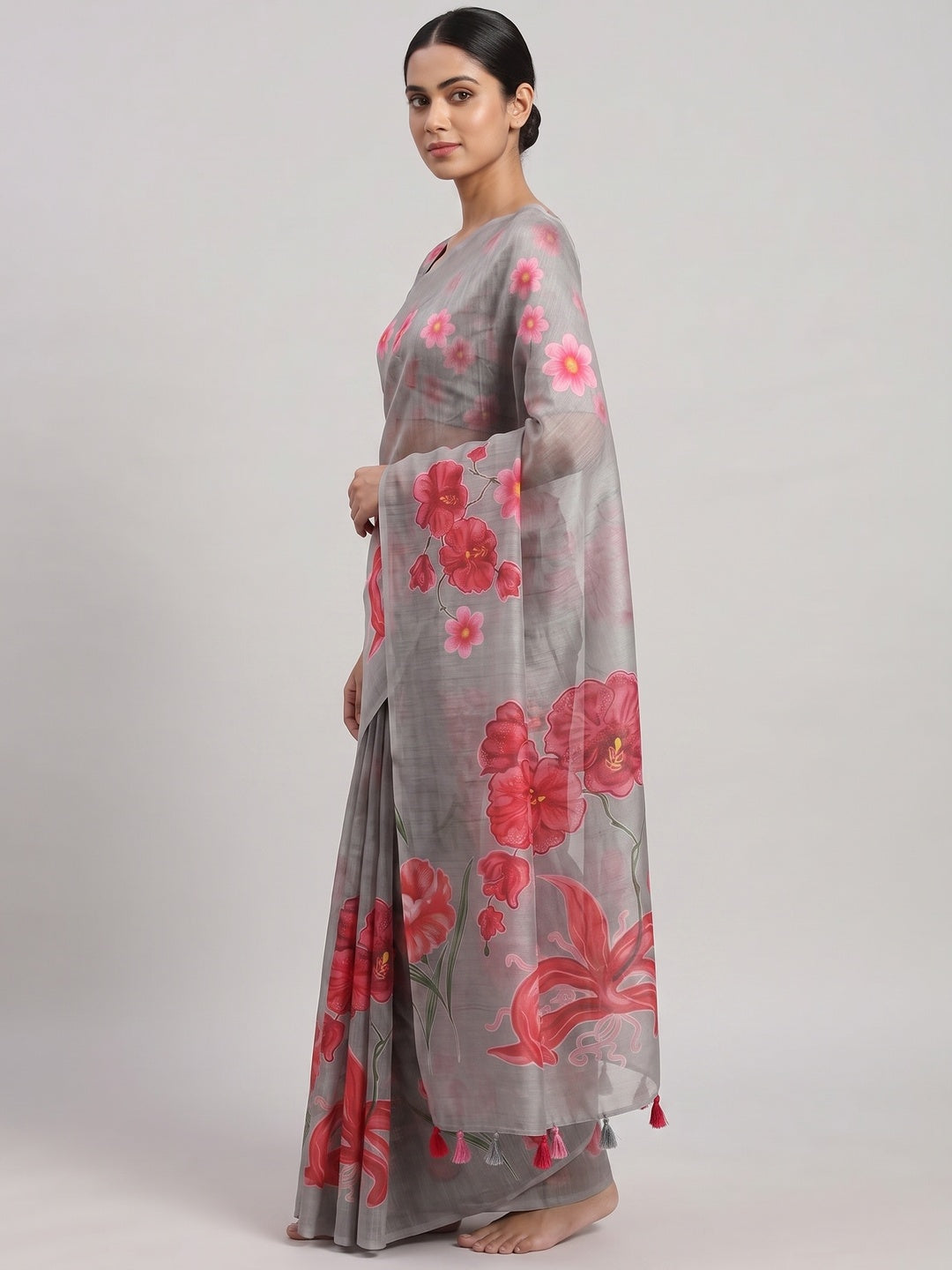Grey Chanderi Cotton Saree Featuring Digital Floral Prints & Decorative Tassel Pallu - Image 3
