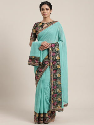 Turquoise Floral Printed Georgette Saree - Image 1