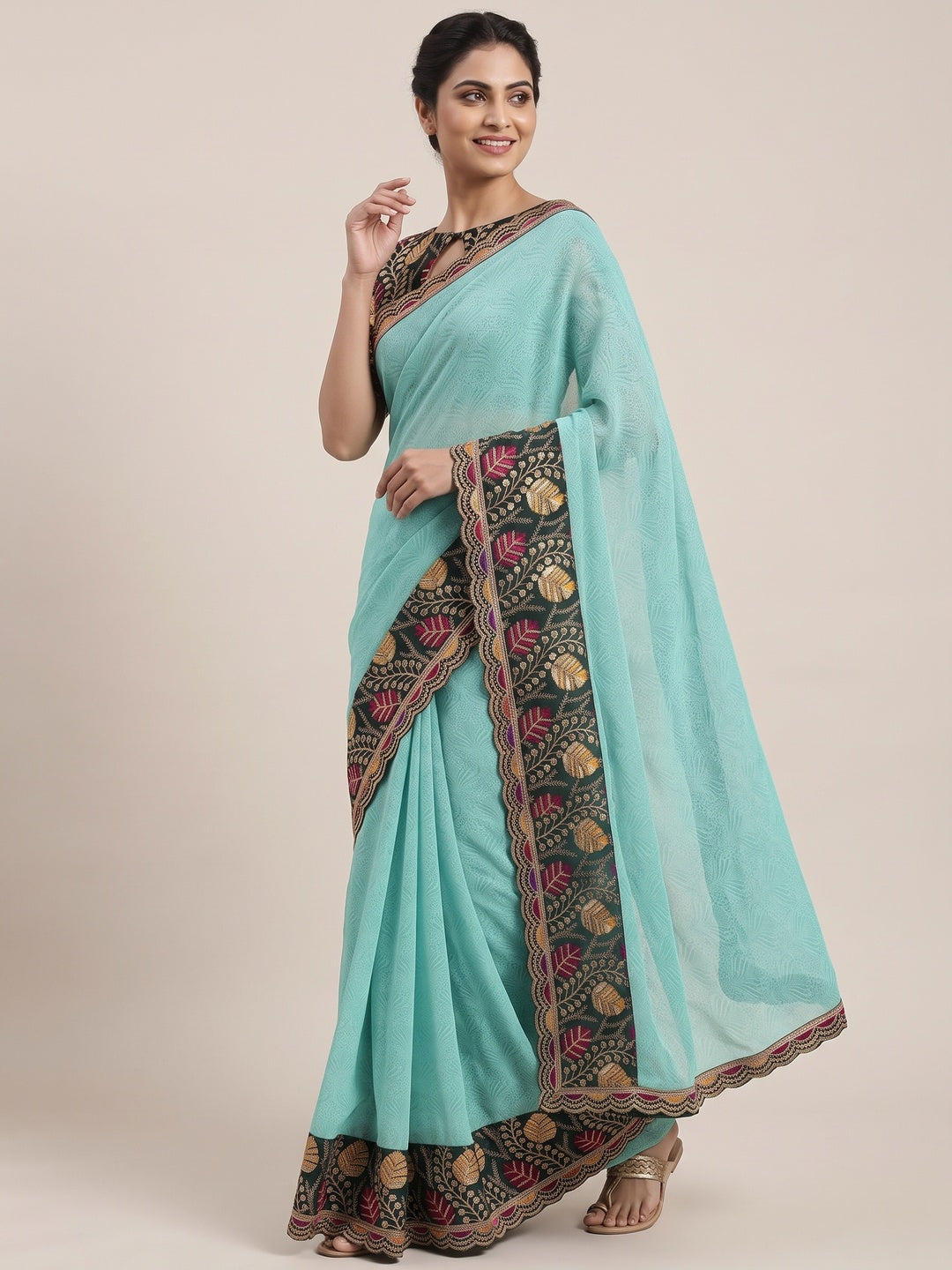 Turquoise Floral Printed Georgette Saree - Image 4