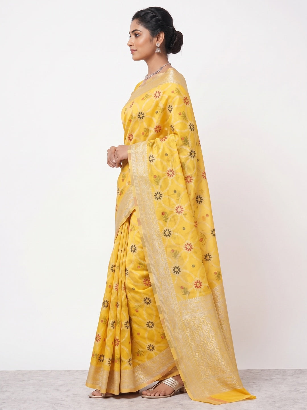 Rich Yellow Saree in Banarasi Silk with Heritage Floral Zari Design - Image 3