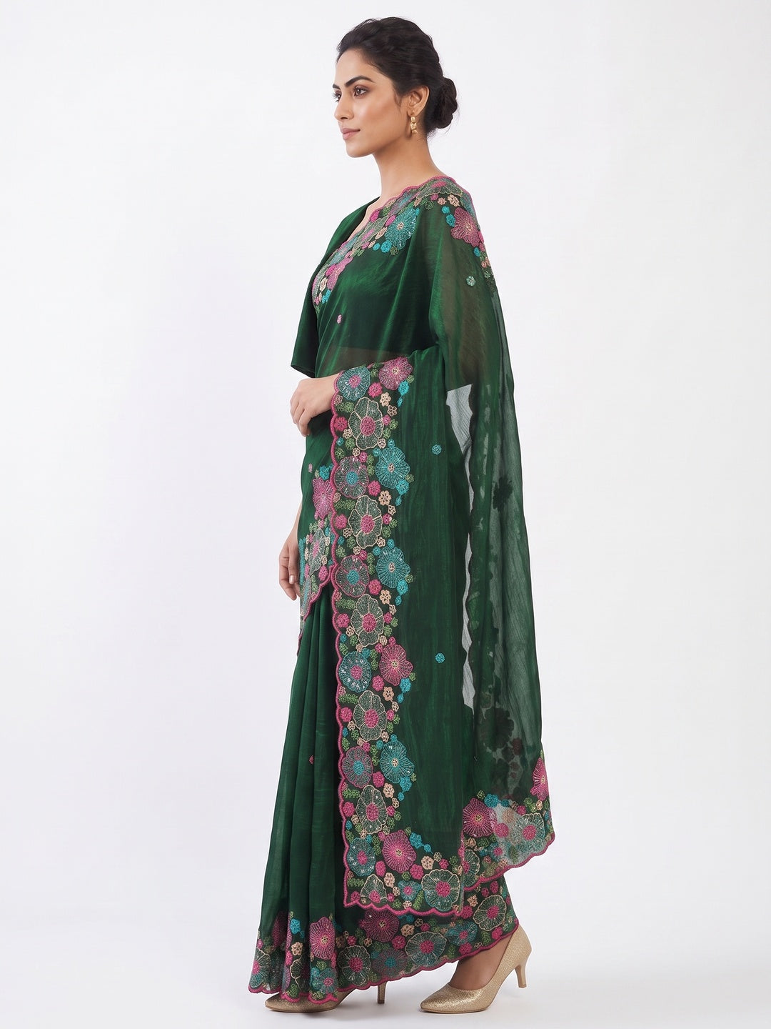 Green Sheer Chiffon Saree with Artistic Floral Sequins Work - Image 3