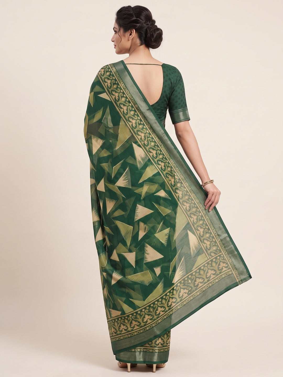 Green Saree in Brasso with Contemporary Geometric Print - Image 2