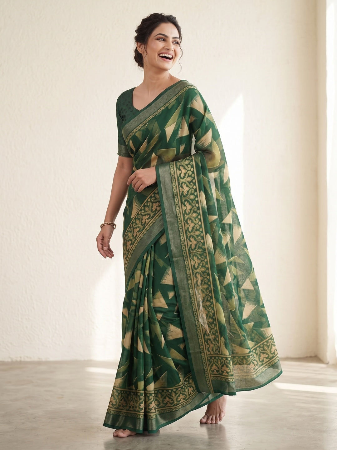 Green Saree in Brasso with Contemporary Geometric Print - Image 4