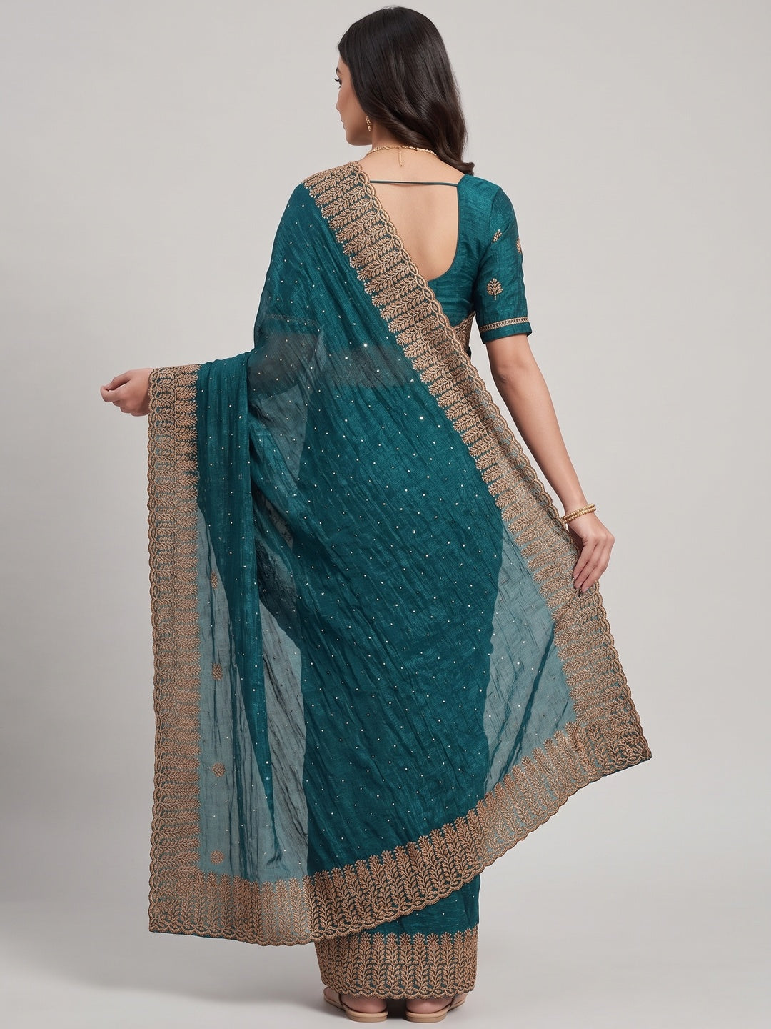 Dark Teal Chiffon Saree with Shimmering Stone Detailing - Image 2
