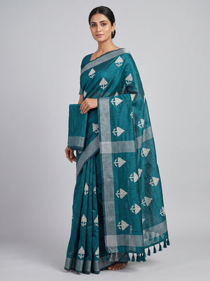 Teal Embroidered Art Silk Saree Adorned With Classic Zari Weaving Details - Image 1