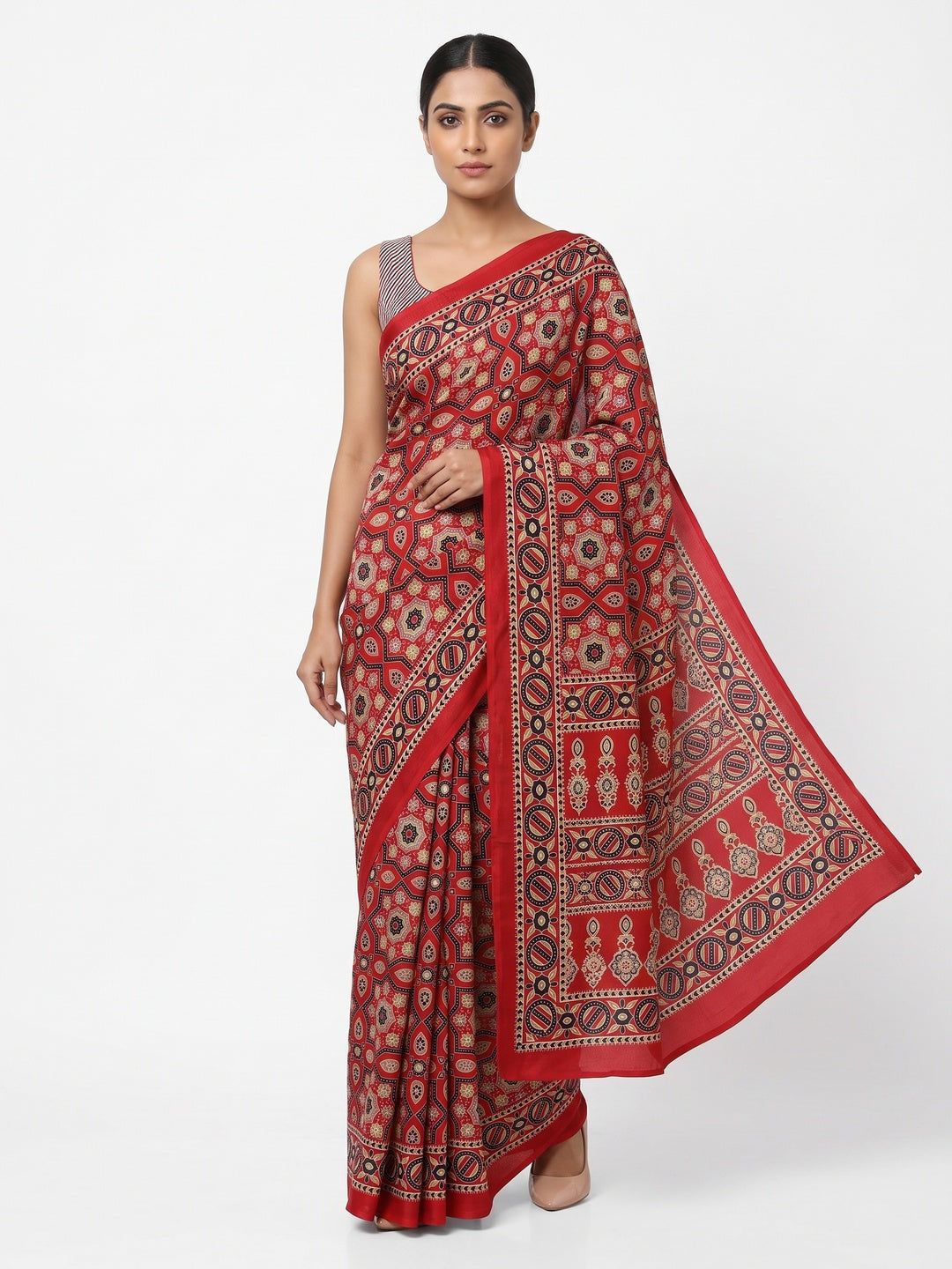 Modern Style Red Ajrakh Printed Crepe Silk Saree for Elegant Party Occasions - Image 1