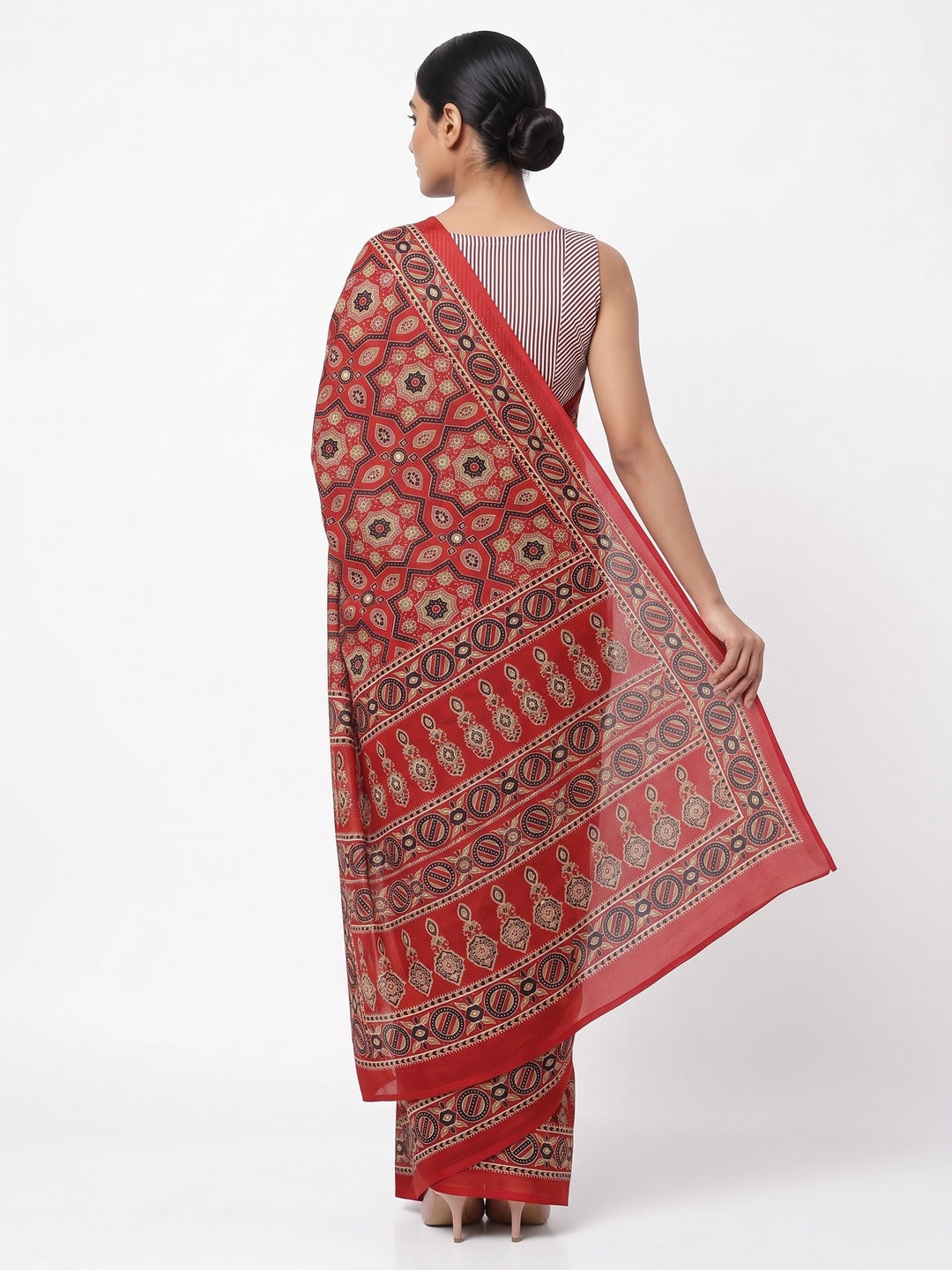 Modern Style Red Ajrakh Printed Crepe Silk Saree for Elegant Party Occasions - Image 2