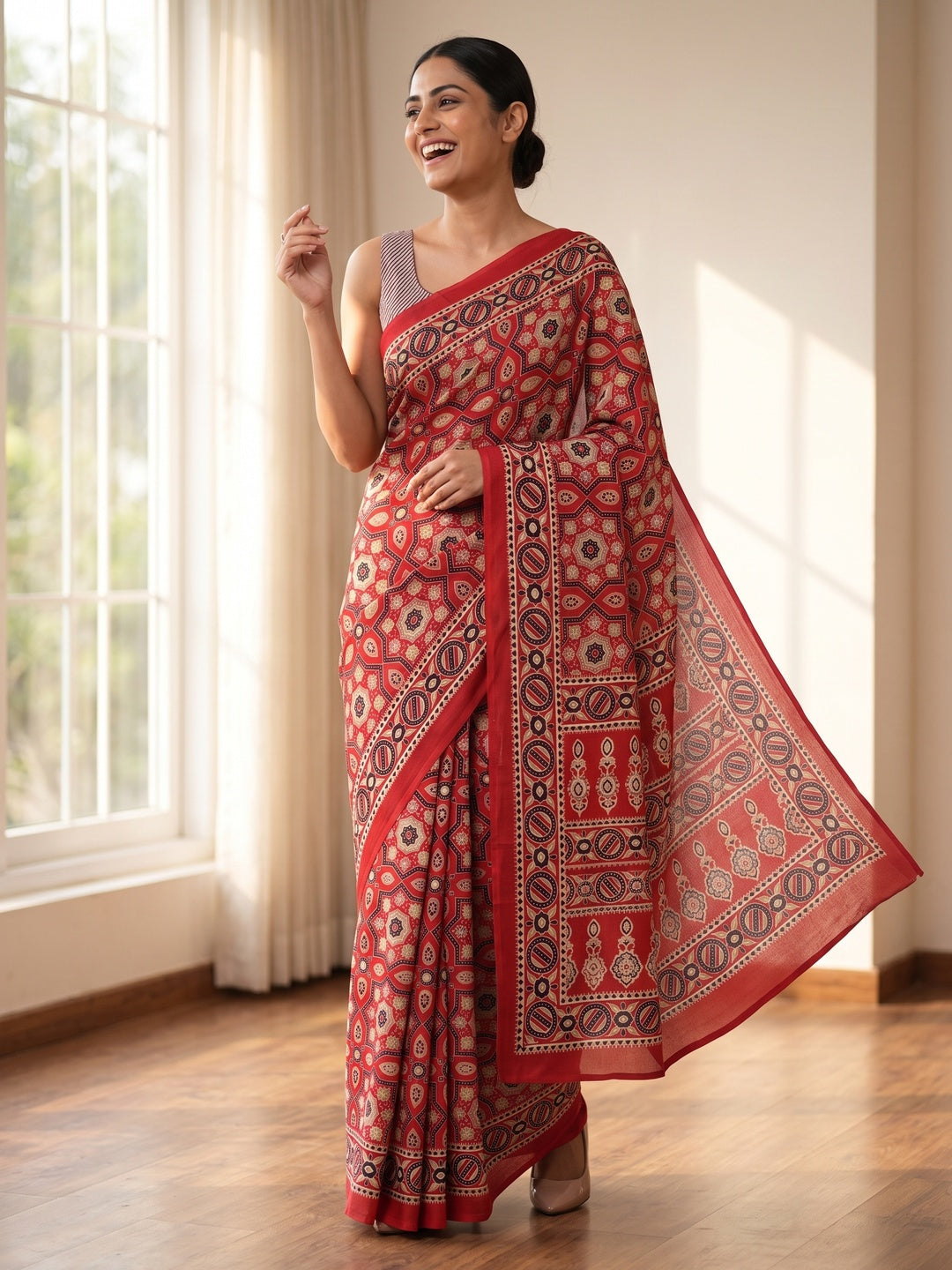 Modern Style Red Ajrakh Printed Crepe Silk Saree for Elegant Party Occasions - Image 4