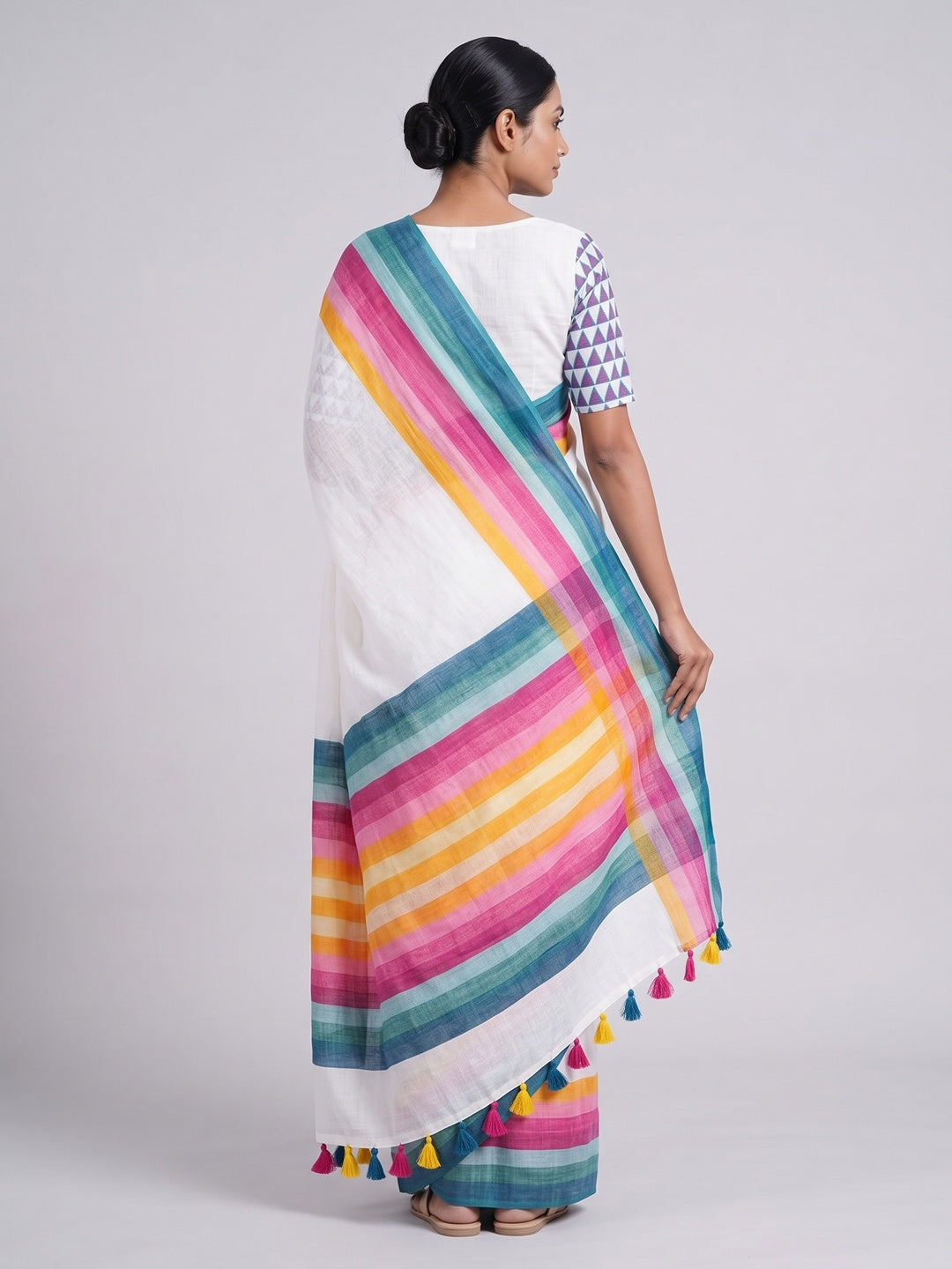 White Linen Saree Designed with Modern Striped Prints and Trendy Tassel Detailing - Image 2