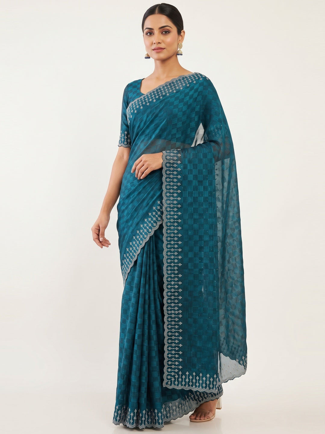 Elegant Morpich Blue Checks Chiffon Silk Saree Embellished With Swarovski Crystals - Image 1