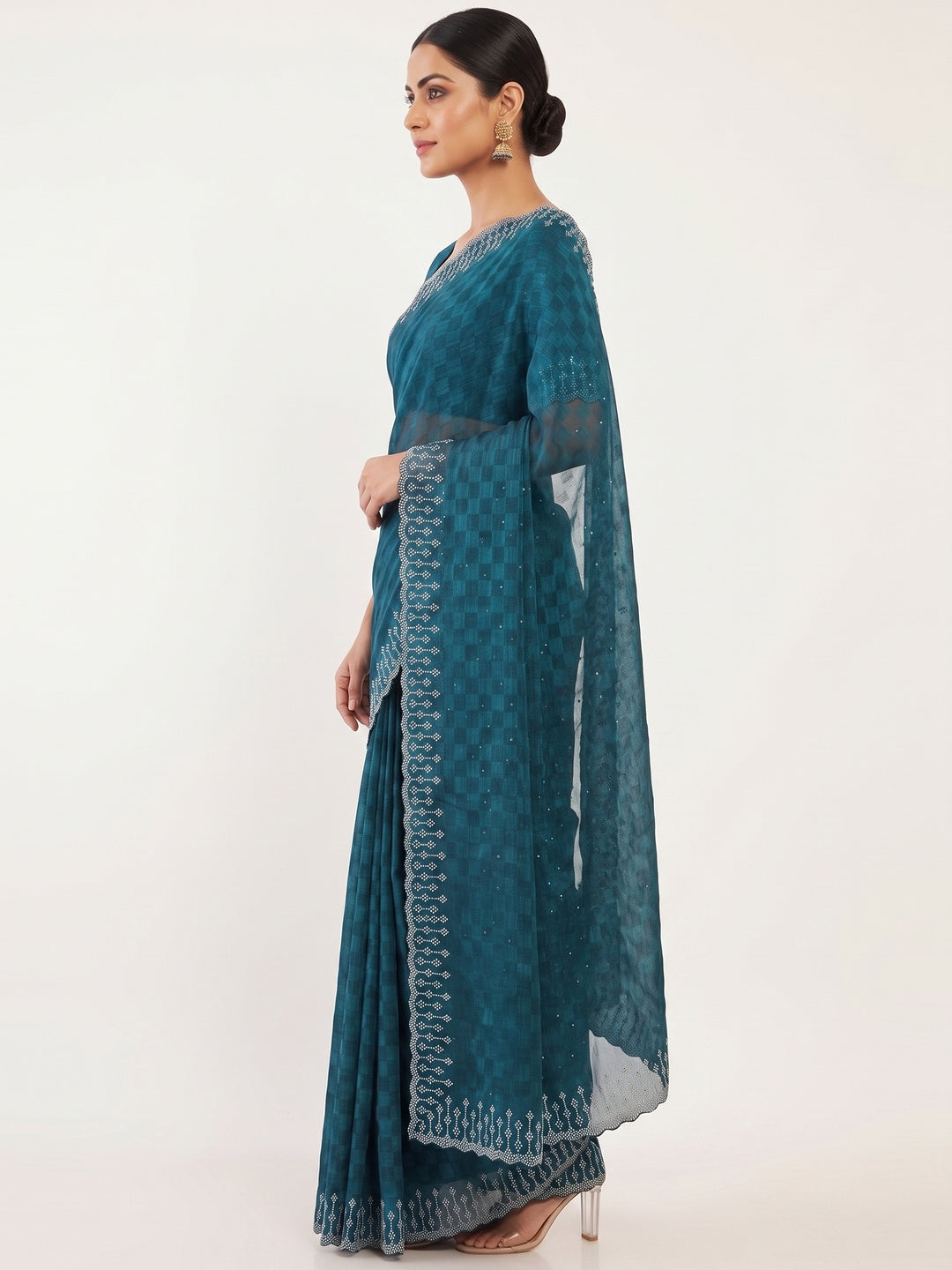 Elegant Morpich Blue Checks Chiffon Silk Saree Embellished With Swarovski Crystals - Image 3