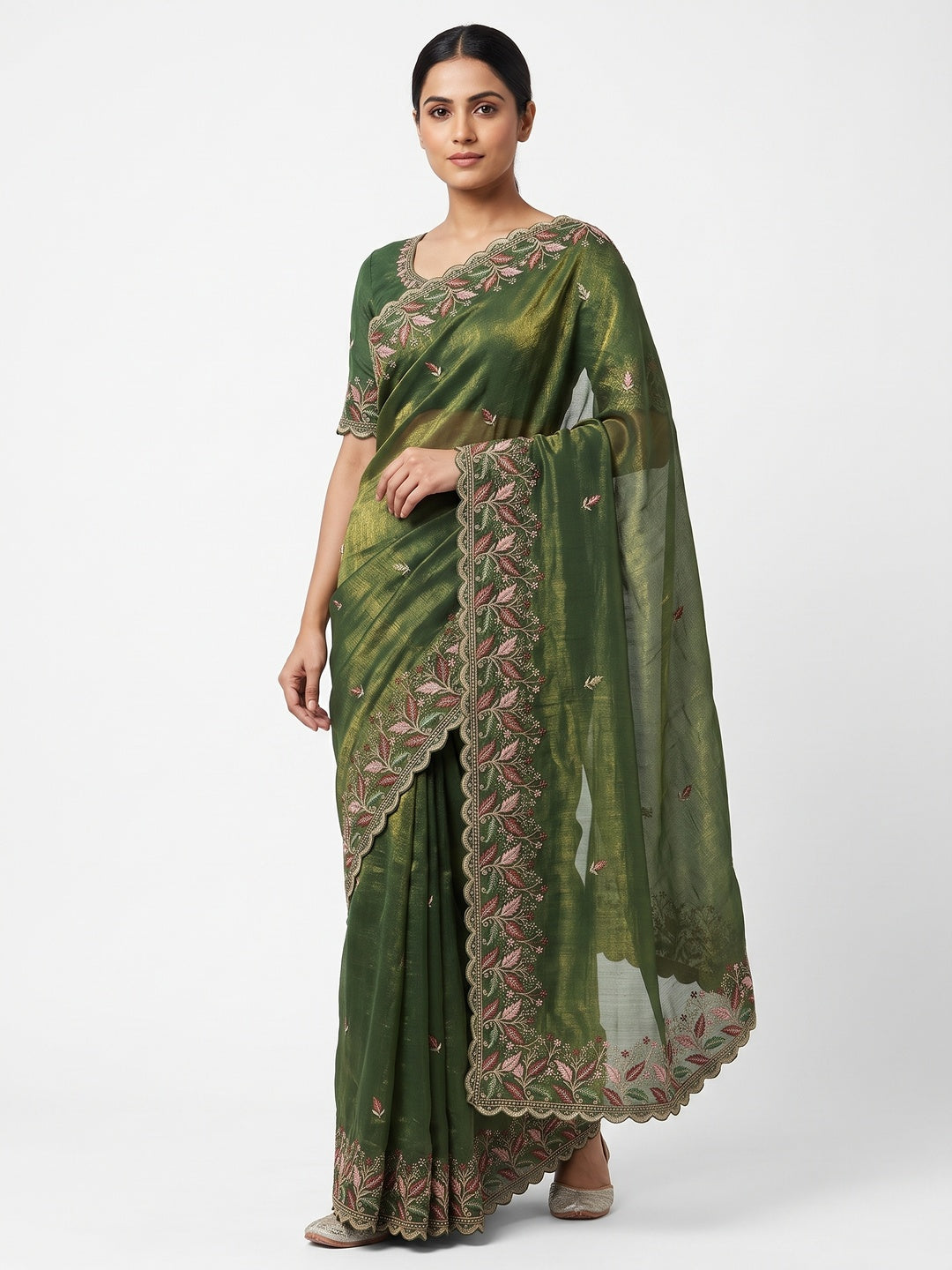 Mesmerizing Green Chiffon Saree Showcasing Artistic Floral Embroidery For A Luxurious Appeal - Image 1