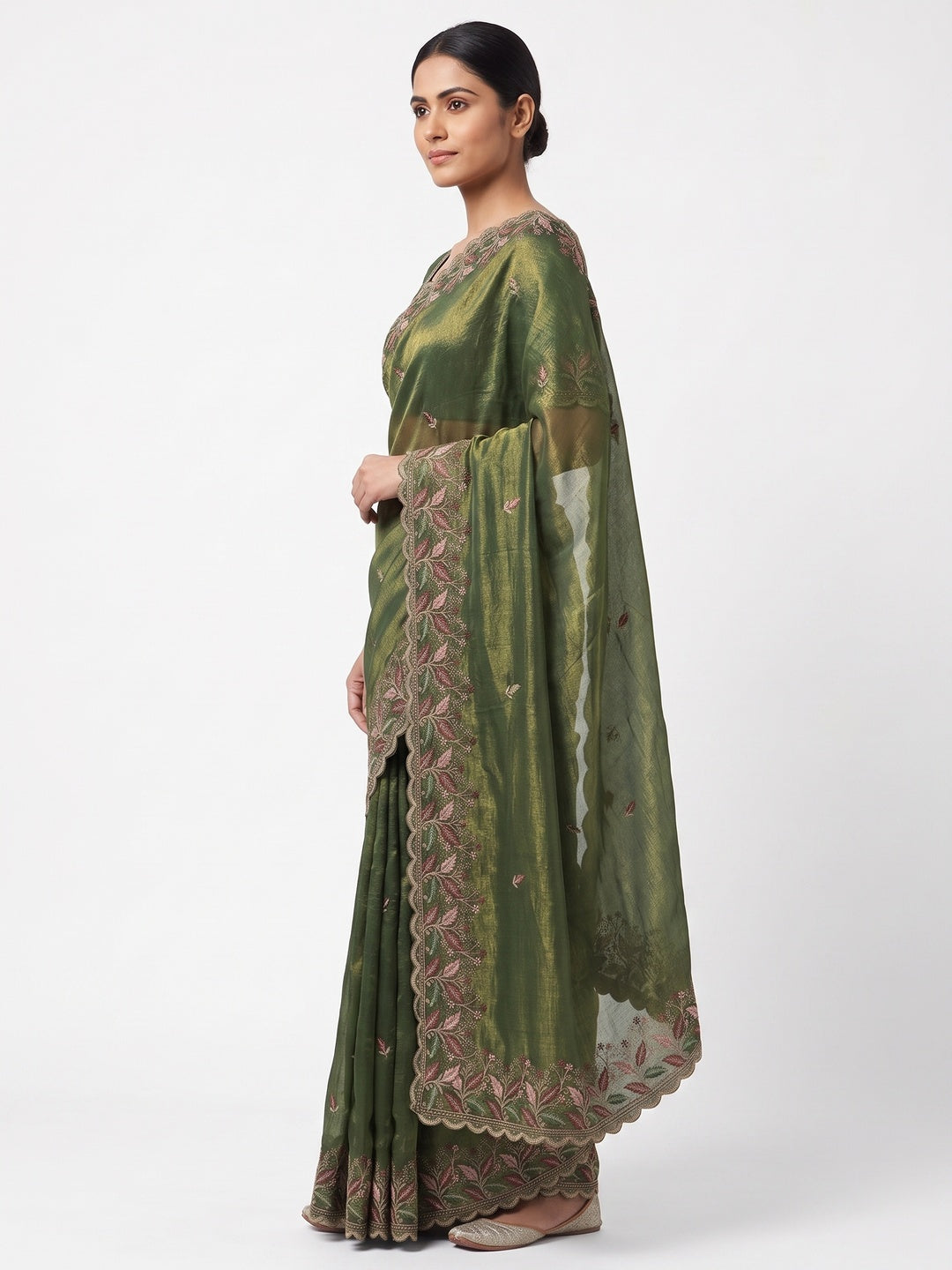 Mesmerizing Green Chiffon Saree Showcasing Artistic Floral Embroidery For A Luxurious Appeal - Image 2