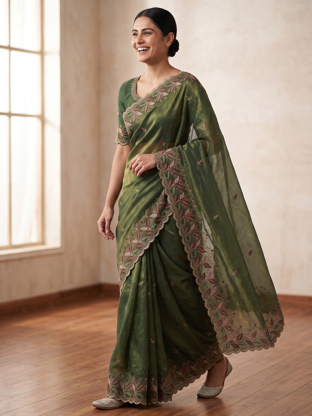 Mesmerizing Green Chiffon Saree Showcasing Artistic Floral Embroidery For A Luxurious Appeal - Image 3