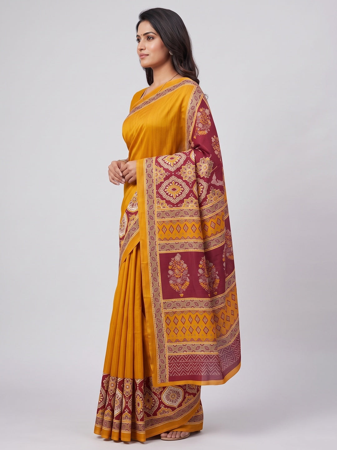 Mustard Premium Crepe Silk Lightweight Saree Adorned with Classic Ajrakh Patterns - Image 3
