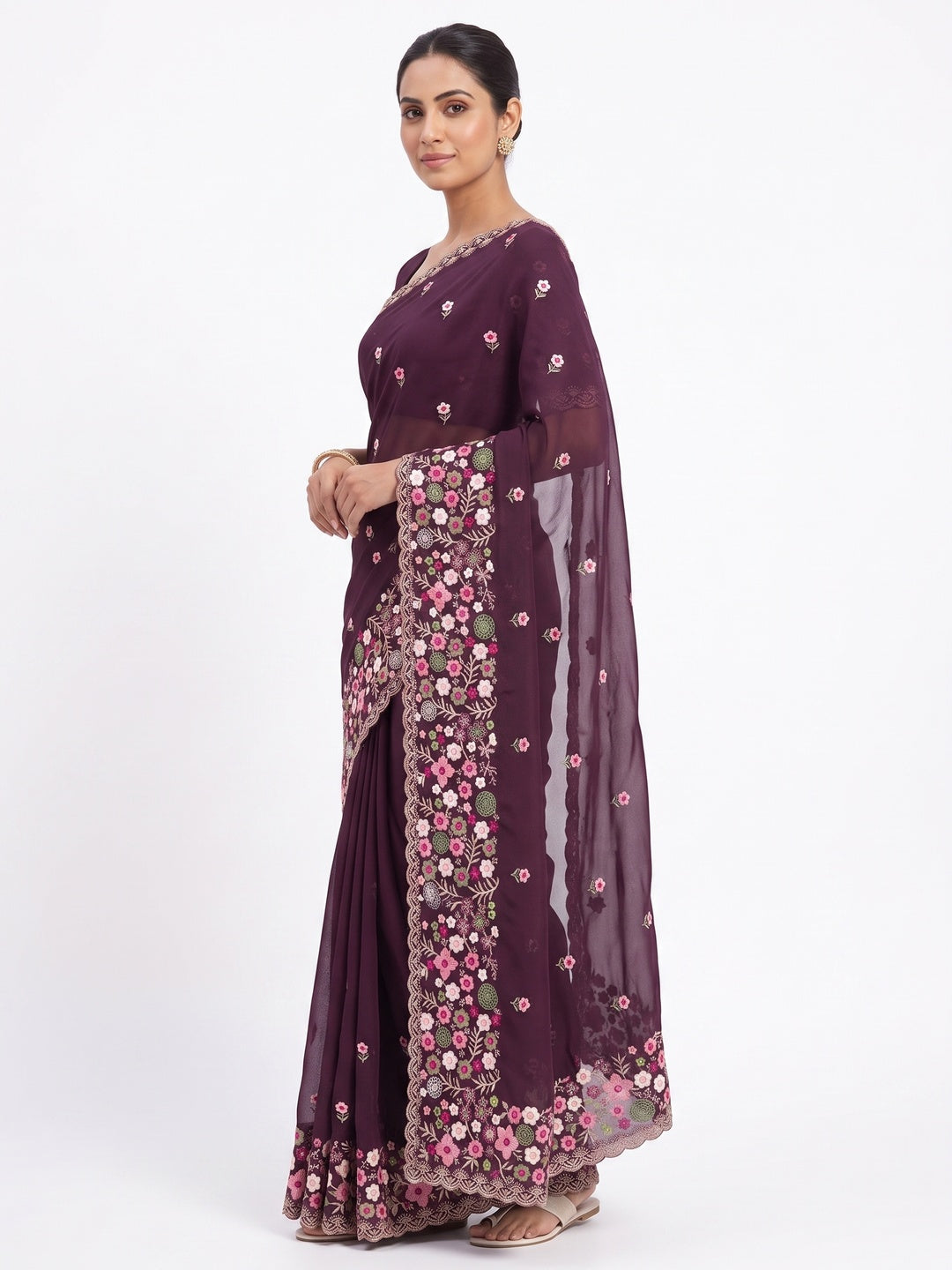 Graceful Wine Georgette Saree Featuring Exquisite Floral Thread Embroidery Work - Image 3