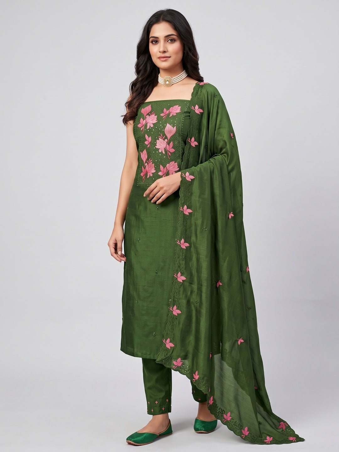 Green Floral Embroidered Vichitra Silk Dress Material for Elegant Ethnic Styling - Image 1