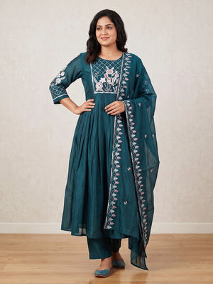 Teal Green Mul Chanderi Floral Embroidered Salwar Suit Set - Image 2