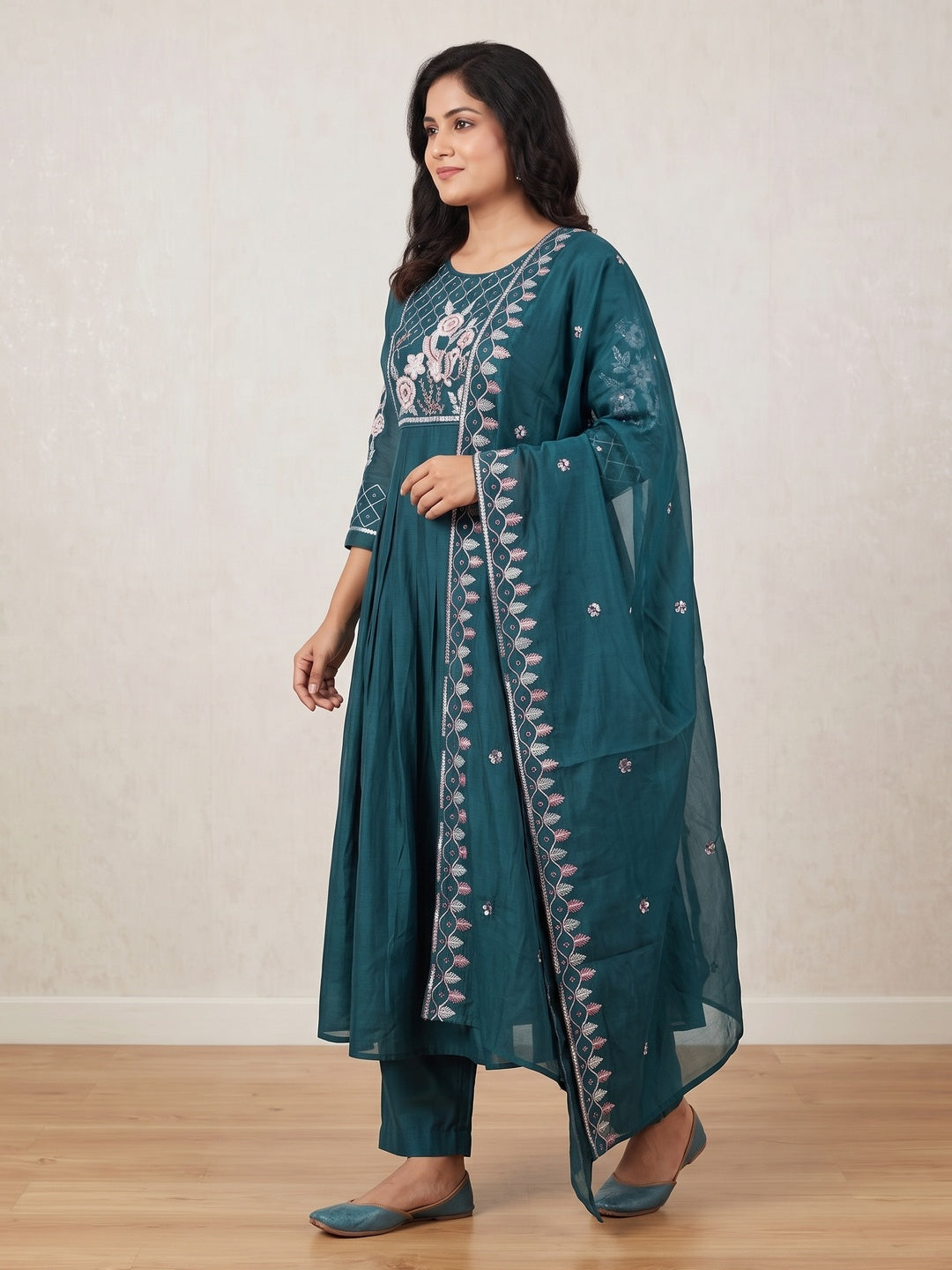 Teal Green Mul Chanderi Floral Embroidered Salwar Suit Set - Image 3