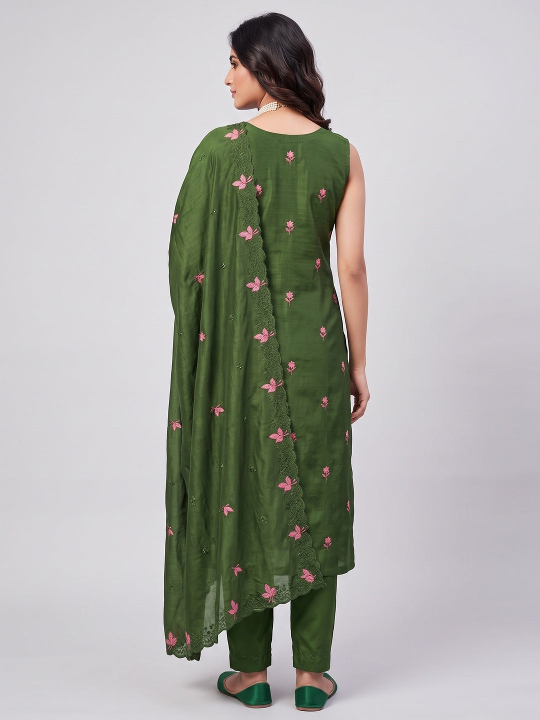 Green Floral Embroidered Vichitra Silk Dress Material for Elegant Ethnic Styling - Image 2