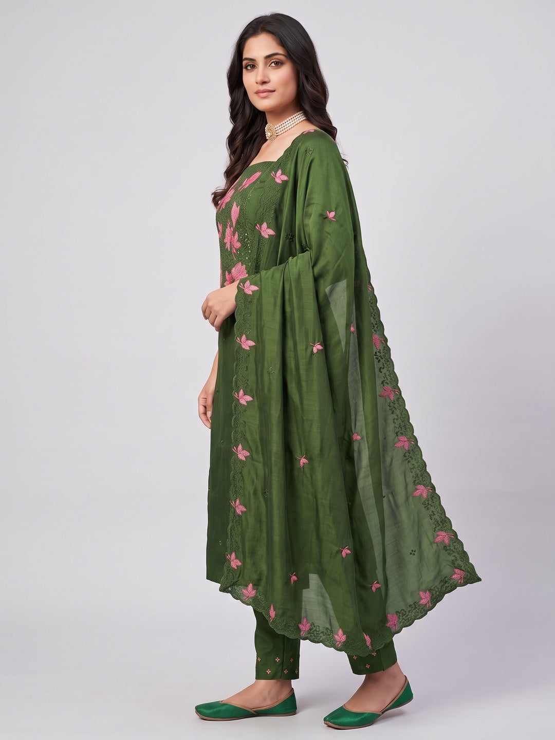 Green Floral Embroidered Vichitra Silk Dress Material for Elegant Ethnic Styling - Image 3