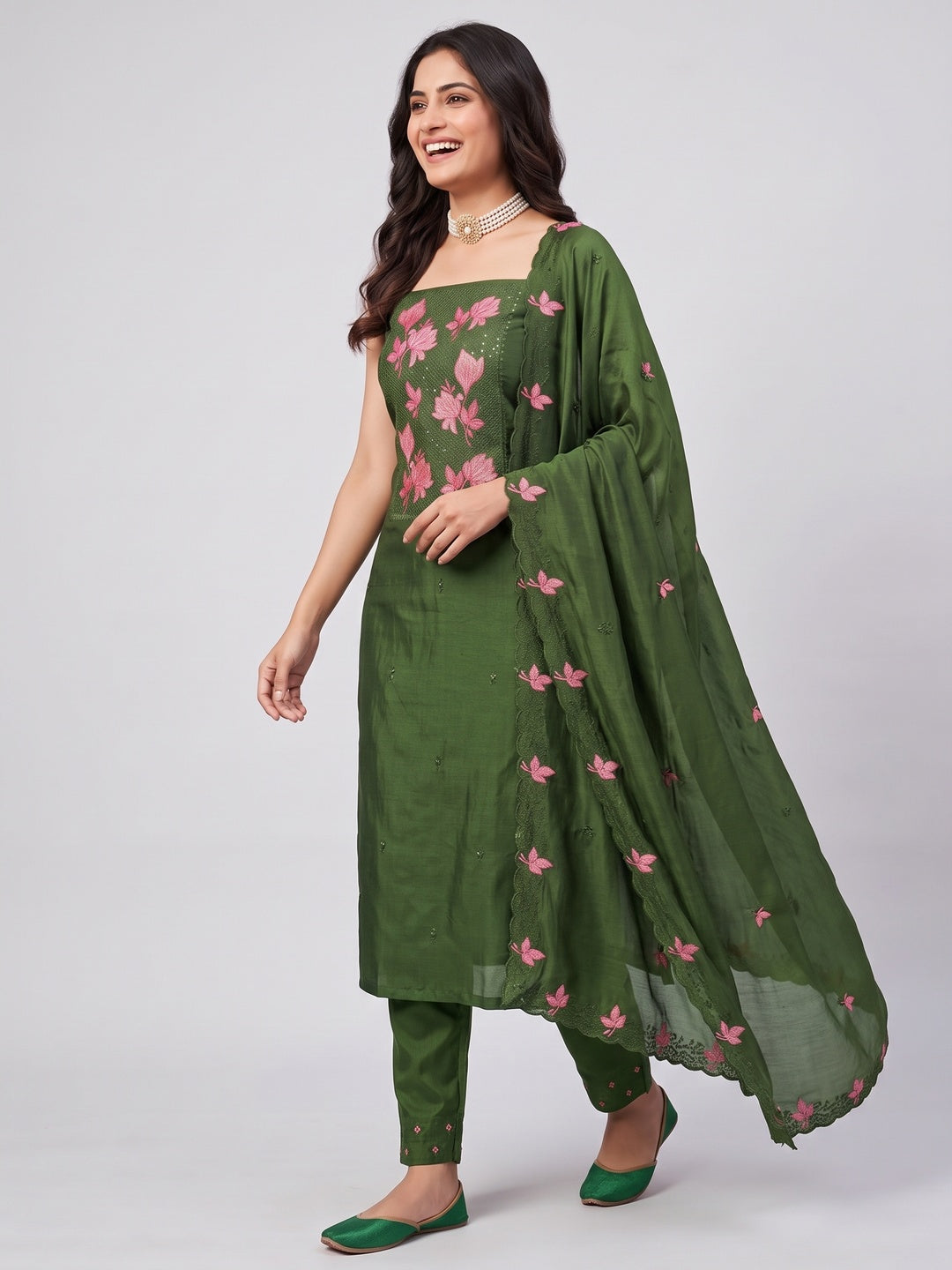 Green Floral Embroidered Vichitra Silk Dress Material for Elegant Ethnic Styling - Image 4