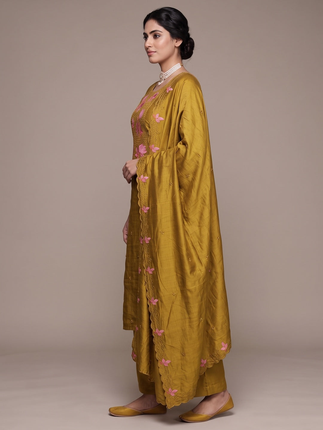 Mustard Floral Embroidered Vichitra Silk Dress Material for Elegant Ethnic Styling - Image 3