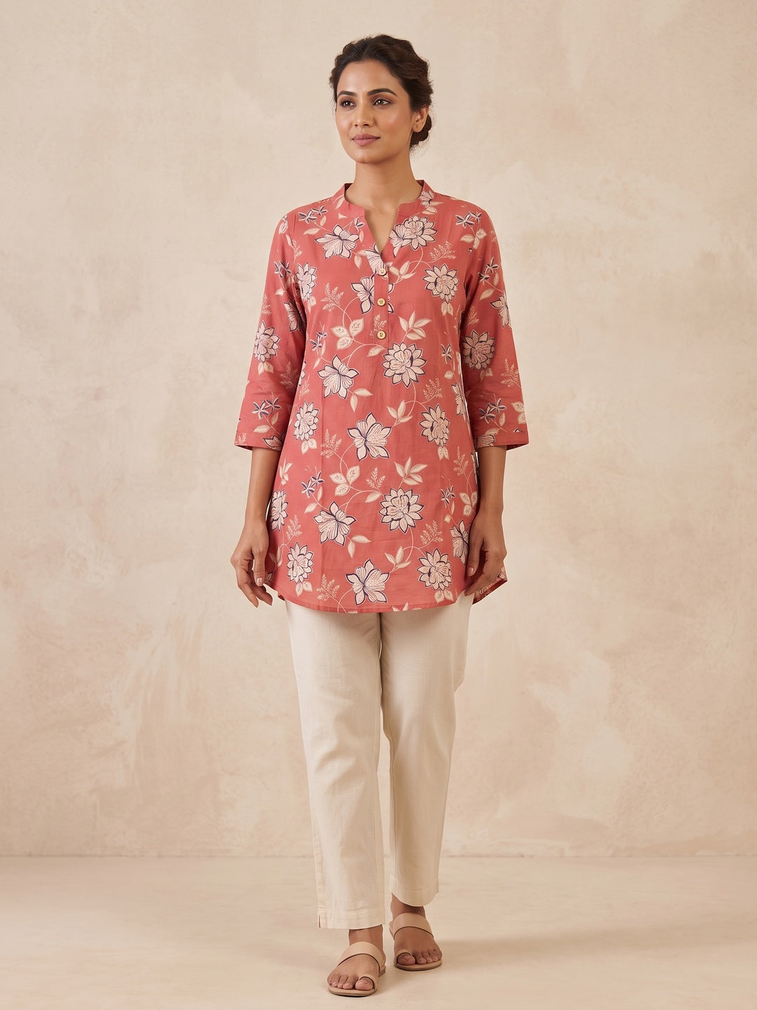 Peach Floral Printed Pure Cotton A-Line Casual Top